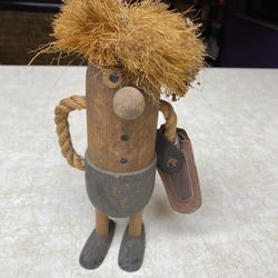 Vintage Tiki-Style Wooden Brush Man – Mid-Century Folk Art – Rope Arms & Leather Pouch
