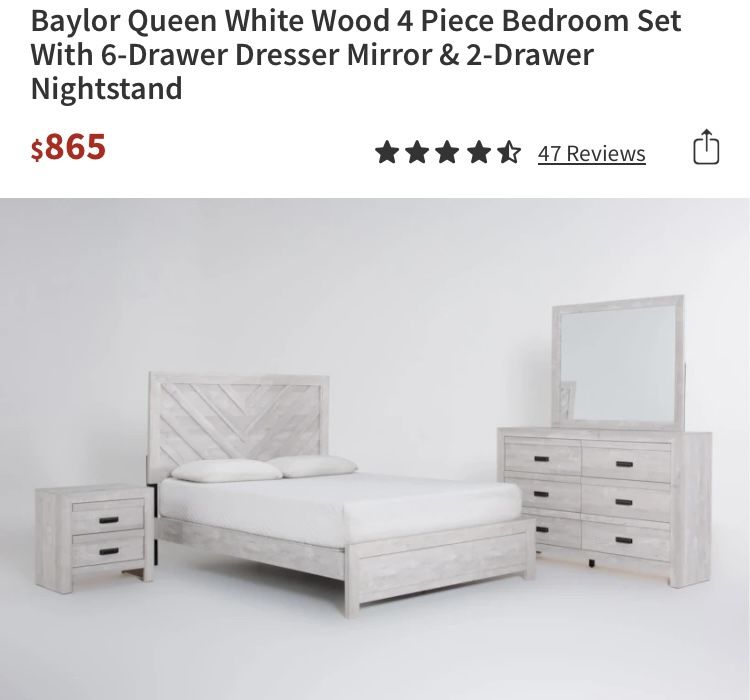 Queen Bedroom Bed Set Nightstand Drawer White Wood 4 Piece Dresser Mirror