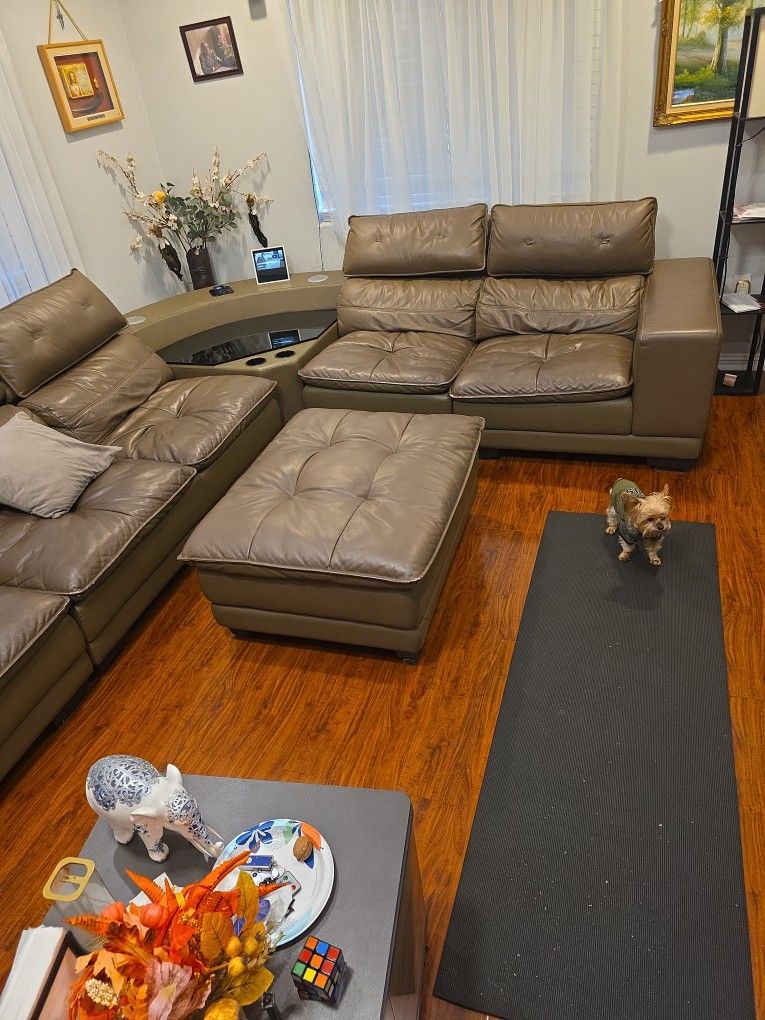 Toupe Leather Couch With Built In Soundbar