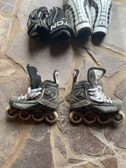 Roller Hockey Skates, Gloves, Shin Pads