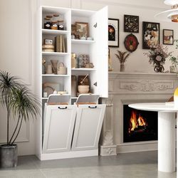 M22-Laundry Hamper Cabinet with 2 Large Flip Drawers & Shelves, Freestanding Bathroom Storage Cabinet with Door, for Bathroom Laundry White (31.5”W x 