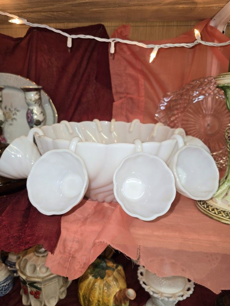 Vintage Hazel Atlas Milk Glass Punch Bowl With 12 Matching Cups Flawless