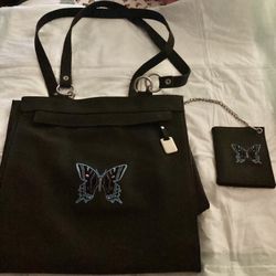 Black With Butterfly Vinyl Cloth Tote Bag With Matching Attached Wallet