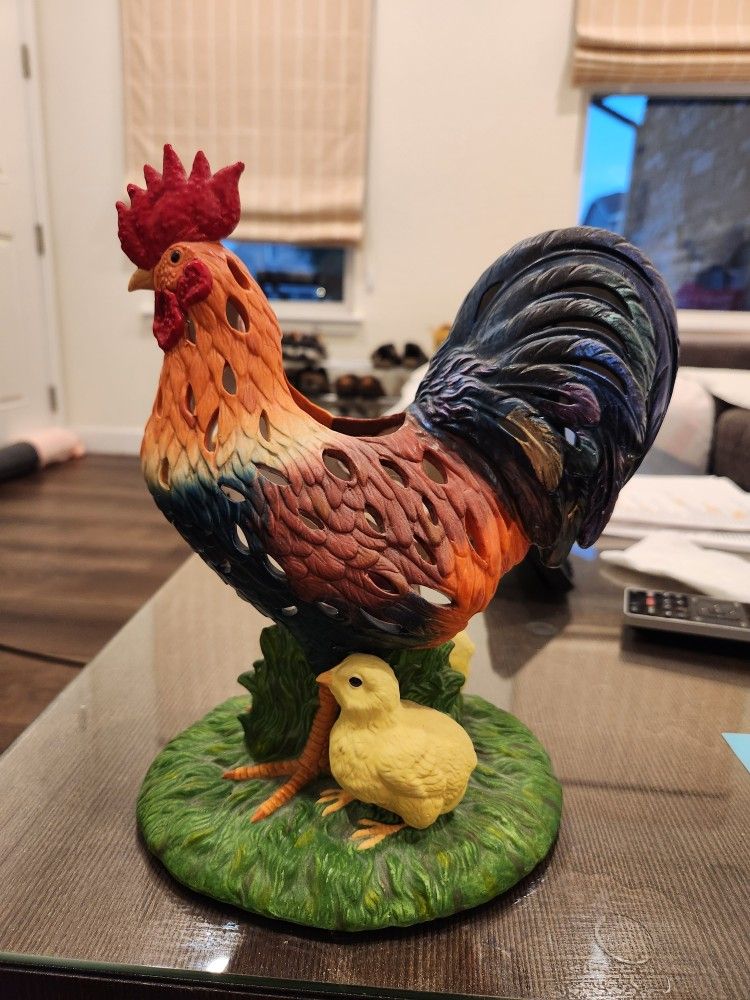 Vintage PARTYLITE ROOSTER & CHICKS Large Ceramic Tea Lite Candle Holder