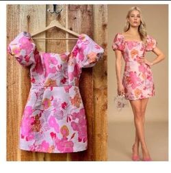 Lulus Luxe Direction Pink Floral Jacquard Puff Sleeve Mini Dress