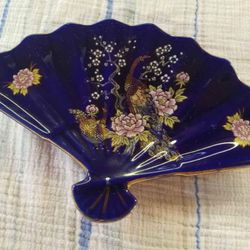 Japan porcelain decorative fan dish for candy or trinkets cobalt blue with golden peacock and flower design with gold trim and accents 7 1/4 inch. A53