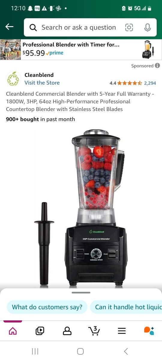 Cleanblend Commercial Blender with Year Full Warranty 1800W, 3HP