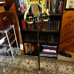 Vintage 1960s Brass Neoclassical Lyre Music Stand, MCM Mid Century Harp Sheet Holder with Ornate Cast Base, Extendible Display Height 