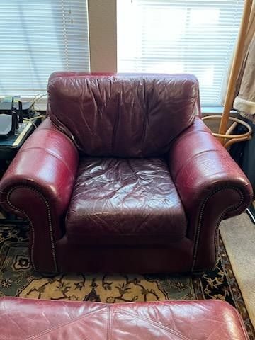 Designer Genuine Oversized Leather Chair And ottoman Cherry Red Orig Retail $4K+