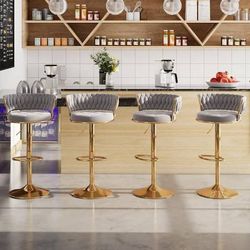 Bar Stools 30.5 in. Adjustable Metal Barstools Counter Height Stools, Velvet Kitchen Island Stools, Gray (Set of 4)