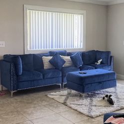 Modern Blue Sectional Couch w/ Silver Accents