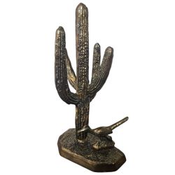 LARGE 10.5" Vintage Solid Brass Saguaro Cactus & Roadrunner Sculpture | Mid-Century Modern Western Statement Piece
