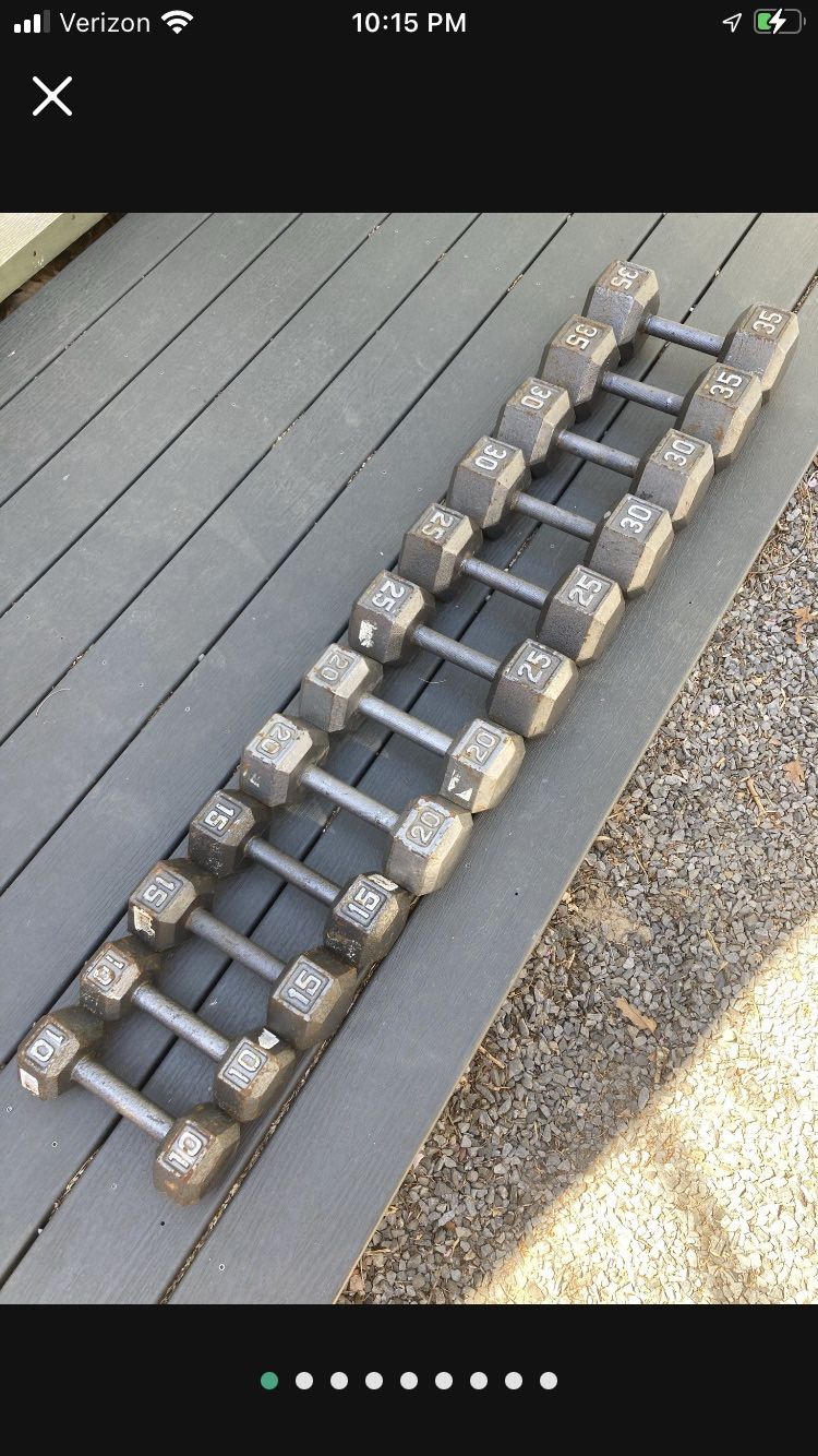 6 Pairs Of Steel Cast Iron Hex Dumbbells With Rack - 10’s, 15’s, 20’s, 25’s, 30’s And 35’s