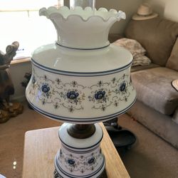Vintage Quoizel Blue Floral Milk Glass Hurricane Table Lamp