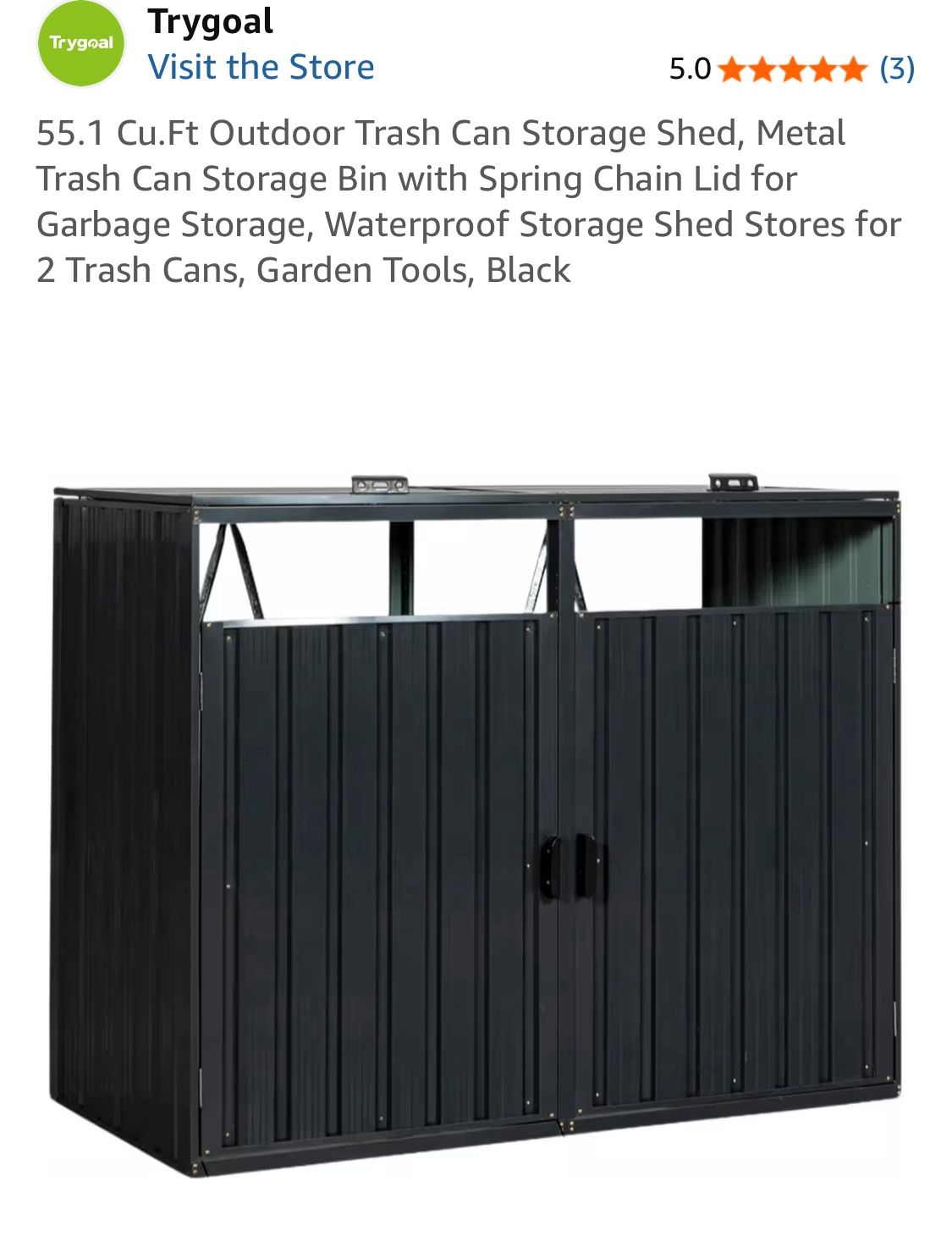 55.1 Cu.Ft Outdoor Trash Can Storage Shed, Metal Trash Can Storage Bin with Spring Chain Lid for Garbage Storage, Waterproof Storage Shed Stores for 2