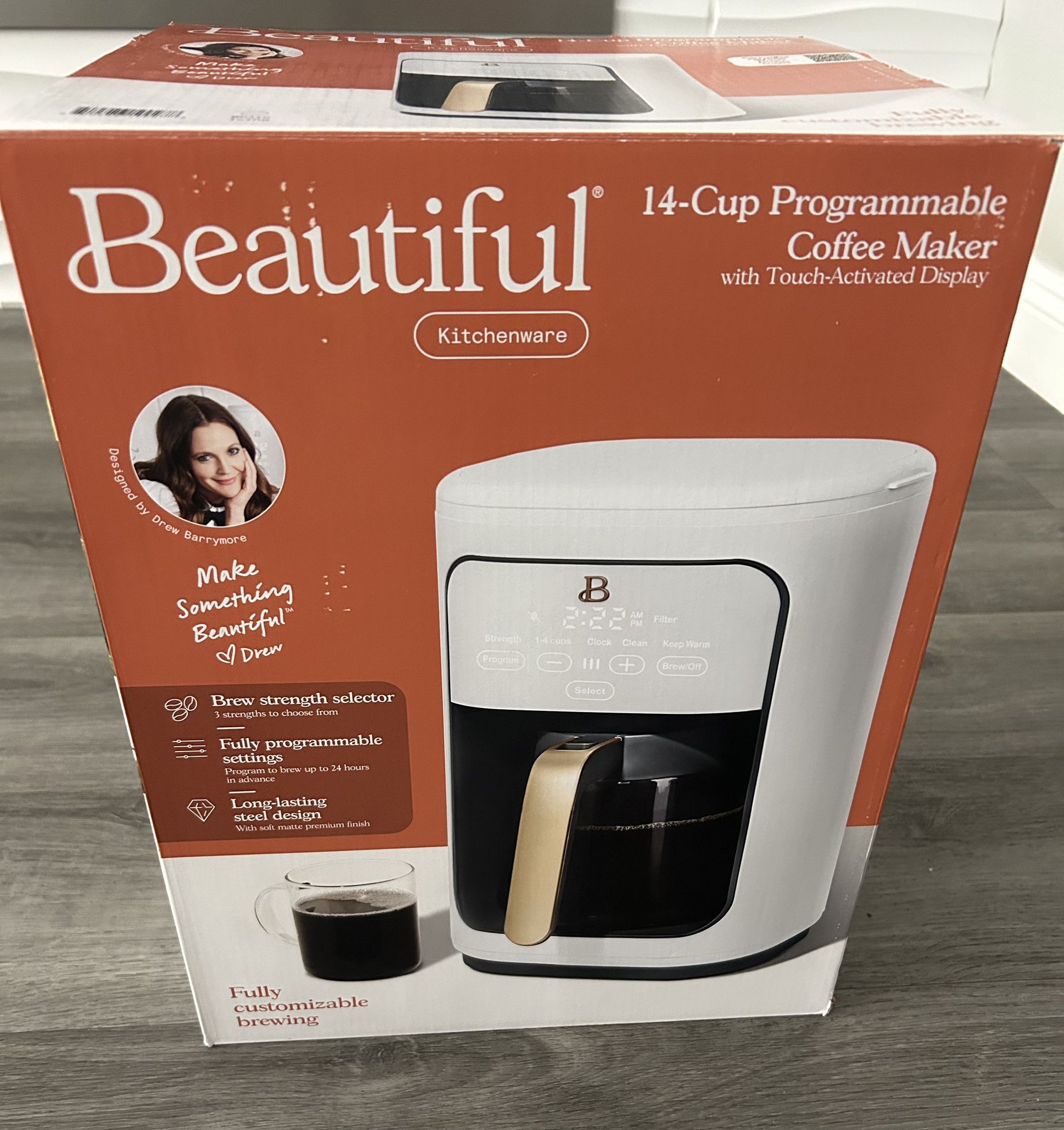 New-Beautiful 14-Cup Programmable Drip Coffee Maker with Touch-Activated Display, White Icing