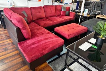 Red microfiber sectional couch and ottoman