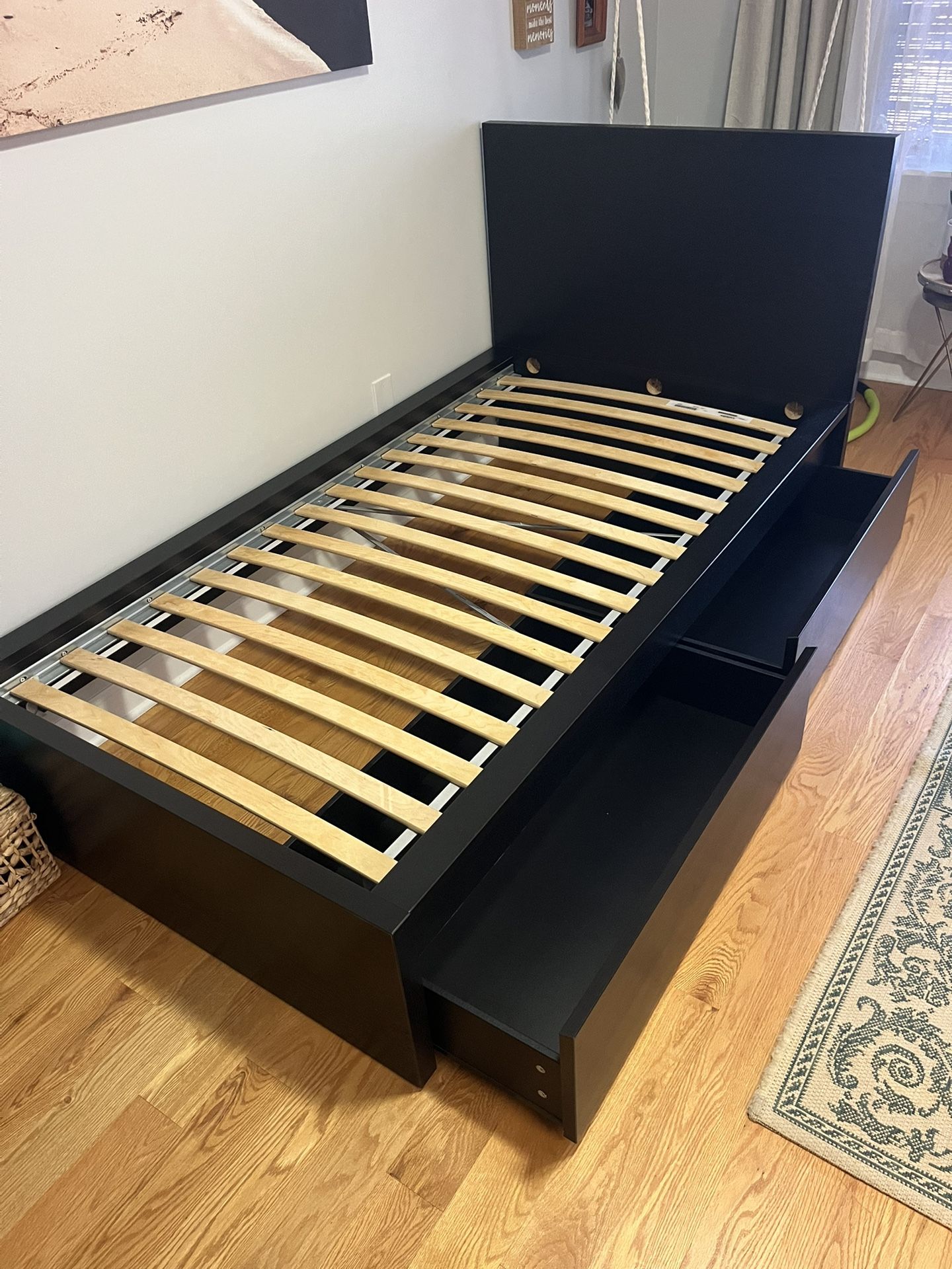 High bed frame/2 storage boxes /mattress , dark brown veneer, Twin