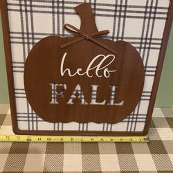 Large Wood Pumpkin Sign For Fall, 13.5 Inches Square, Leather Hanger, Plaid Cloth, Rounded Corners