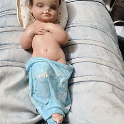 Ceramic Infant Jesus Christian Statue Made in Spain Blue Cloth