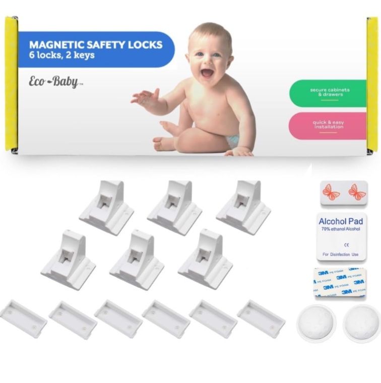 6 Pack Magnetic Cabinet Locks For Babies (With 2 Keys), Eco Baby Magnetic Baby Proofing Cabinet Lock
