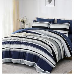 Queen Comforter Set 7Pcs ( Striped Navy)