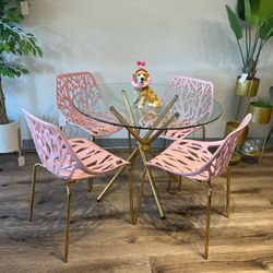 Pink And Gold, Modern Glass Dining Set For Four