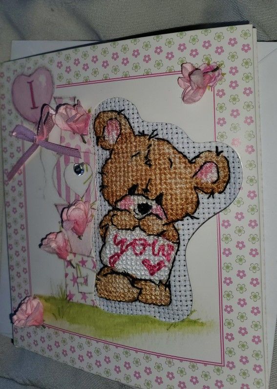 I Love You Bear Card With Silk Roses Ribbon And Glimmer