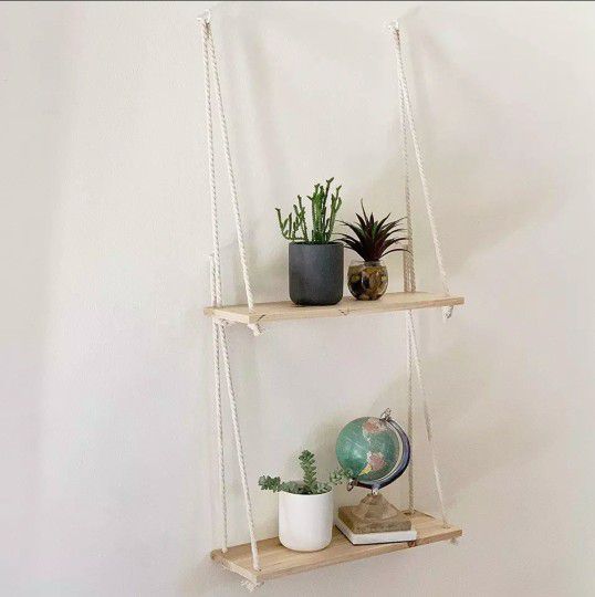 Wooden Rope Swing Wall Hanging Plant Flower Pot Tray Mounted Floating Wall Shelves