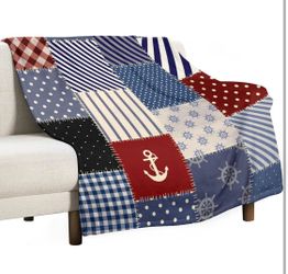 Nautical Blanket Vintage Coastal Rustic Red Blue White Polka Dot Stripe Anchor Patchwork Soft Cozy Lightweight Throw Blanket for Women Men Bedroom Liv