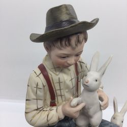 Boy With Bunnies Statuette 6”w X 8”h - Italy