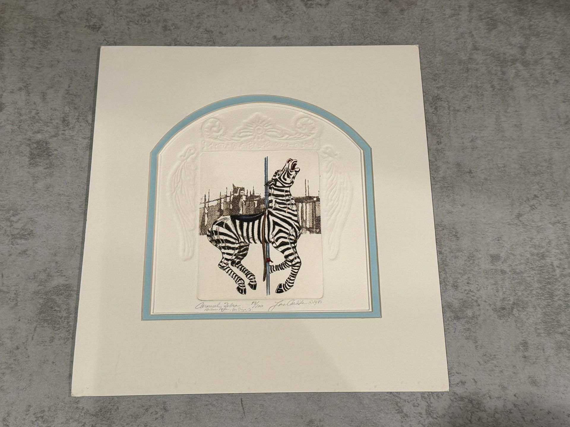 LOIS CARLISLE Signed Lim. Ed. 33/100 Etching "Balboa Park Carousel Zebra" COA