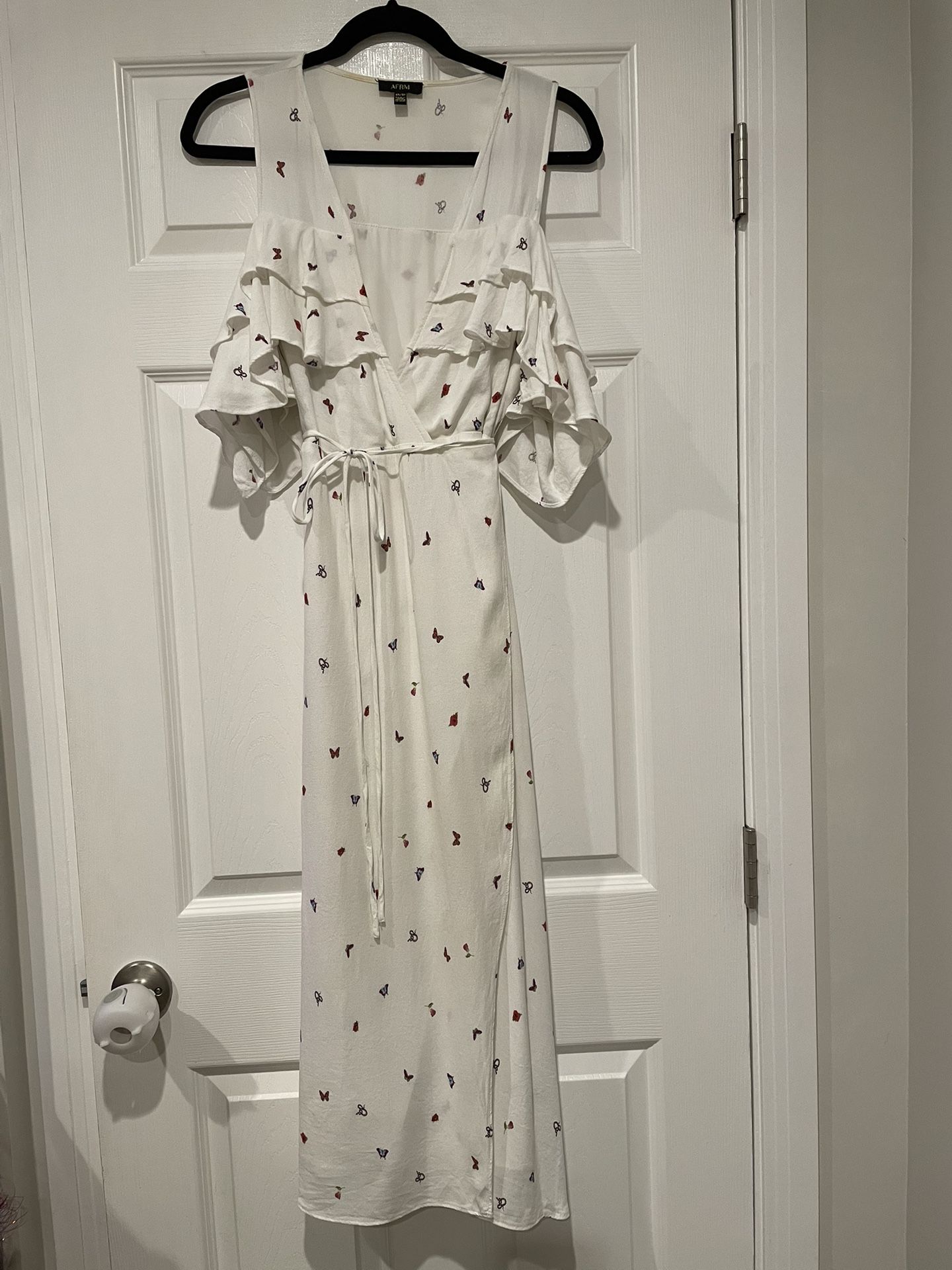 AFRM white Wrap Dress With Open Shoulder Ruffle Sleeve