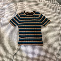 Navy and Gold Striped Ribbed Knit Tee