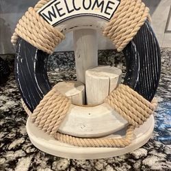 Welcome Life Preserver Wooden Post Heavy Sign