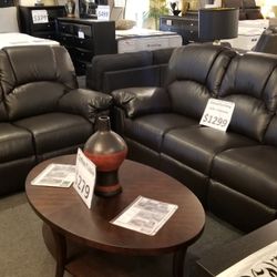 Brand New Black Bonded Leather Manual Reclining Sofa + Loveseat 2PCs Set