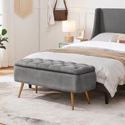 Ottoman with Storage, Velvet Entryway Bench with Safety Hinge, Upholstered Bench with Seating for Bedroom, Living Room, Holds up to 519 lb, Gray