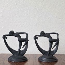 Vintage Art Deco Cast Metal "Scarf Dancer" Female Figural Bookends, Pair
