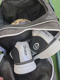 bowling ball with bag and shoes