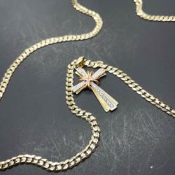 14k Solid Gold Cuban chain and Cross charm , pendant Gold Necklance
