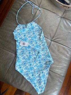 Blue & White Print Halter One-Piece Swimsuit