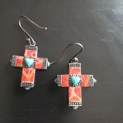 925 Sterling Silver Double-sided Turquoise, Coral, and Mother of Pearl Cross Earrings SEE DESCRIPTION AND PHOTOS 