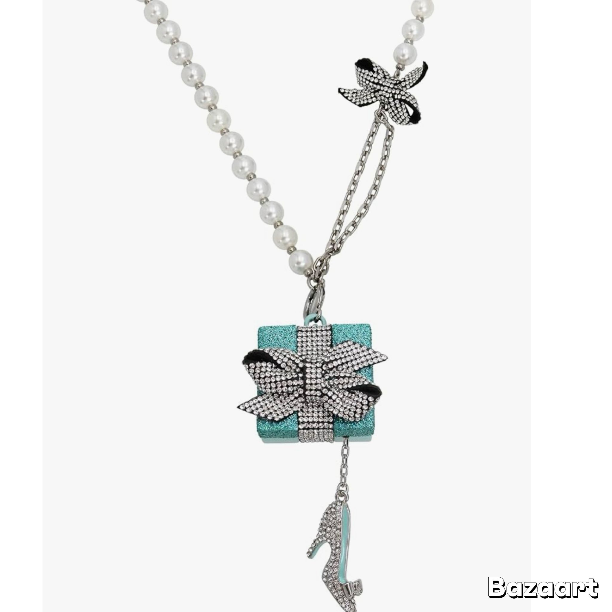 Betsy Johnson Tiffany Blue Gift Box W/ Shoe Pearl & Crystal Necklace