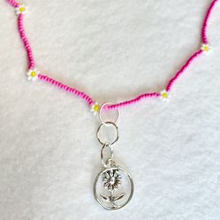 Daisy Necklace Choker Bright Pink White Sterling Silver Circle Charm