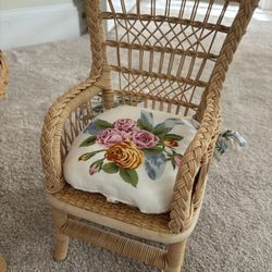 For sale: American Girl Samantha wicker table and two chairs with original cushions. Perfect condition!  $200