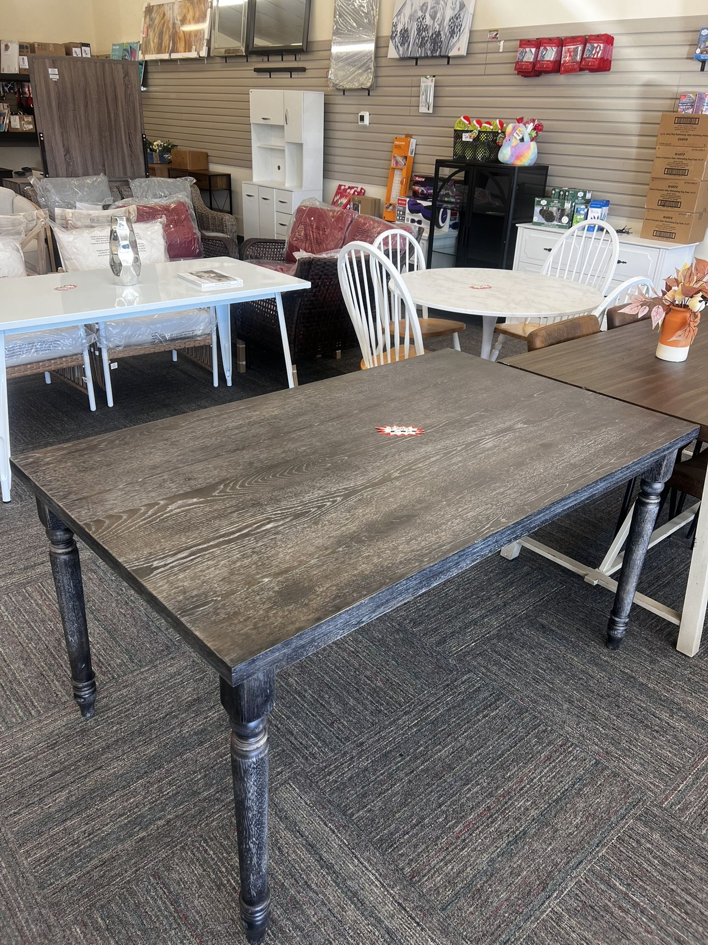 Rectangular Wood Turned Legs Dining Table in Weathered Gray, New