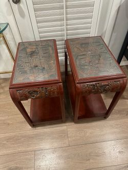 Pair of Vintage Hand-Carved Chinese Side Tables with Glass Tops