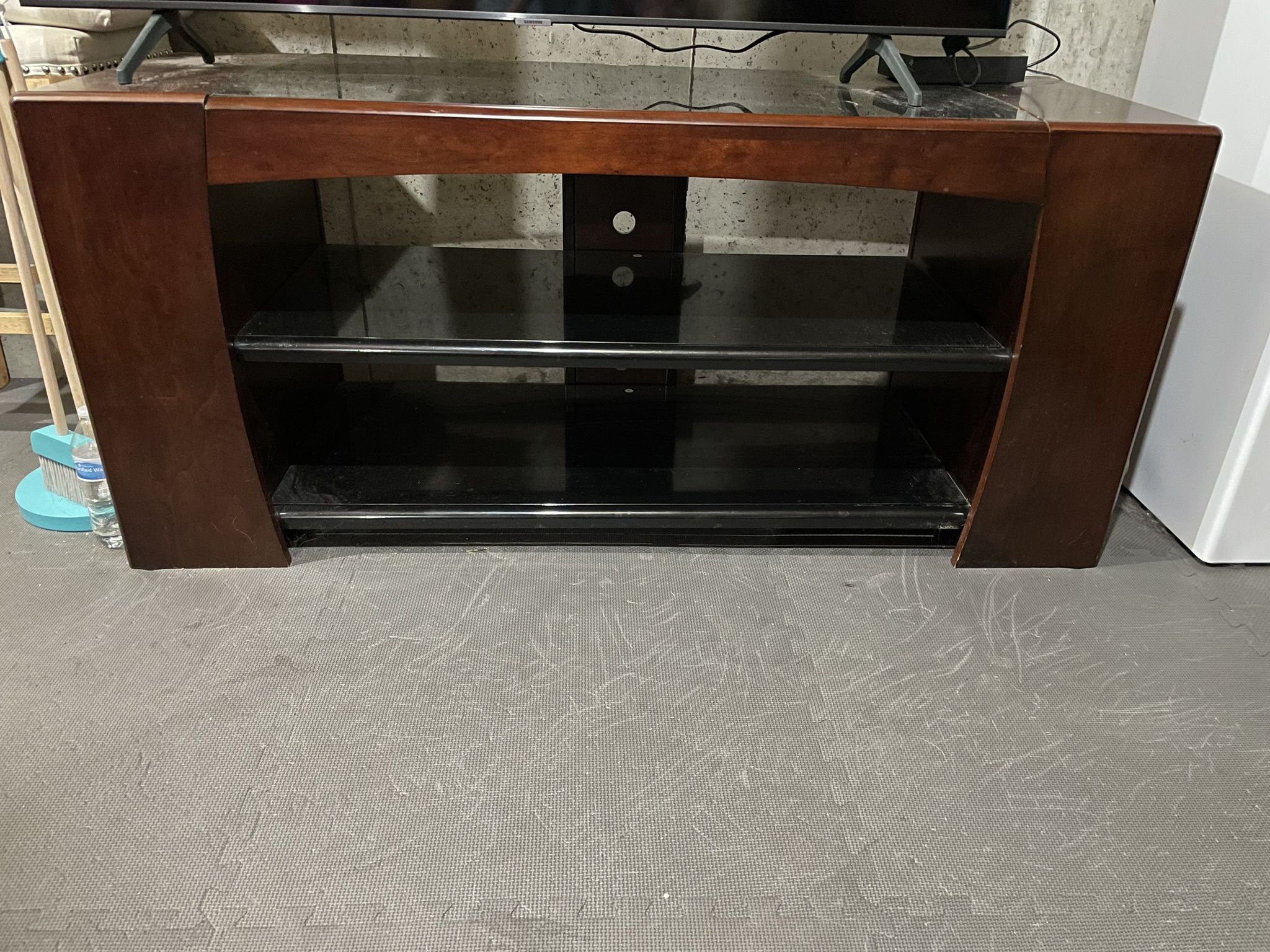 Wooden And Black Glass TV Stand