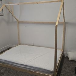 Full Size Natural Wood House Canopy Bed Frame