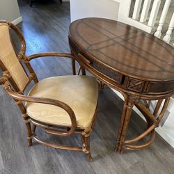Bombay bamboo Ice Crackled Rattan Desk With bentwood bamboo Chair. Drawer is missing slide underneath. Some imperfections on top of desk  36" W x 31" 